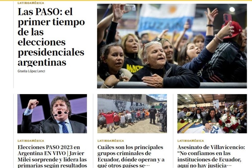 "Javier Milei sorprende y lidera las primarias según resultados oficiales", El Comercio (Perú)