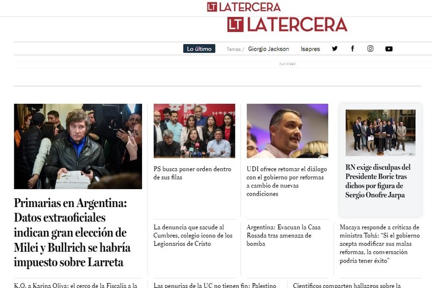 "Primarias en Argentina: datos extraoficiales indican gran elección de Milei y Bullrich seh abría impuesto sobre Larreta". La Tercera (Chile).