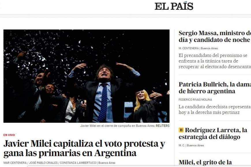 "Javier Milei Capitaliza el voto protesta y gana las primarias en Argentina". El País (España)
