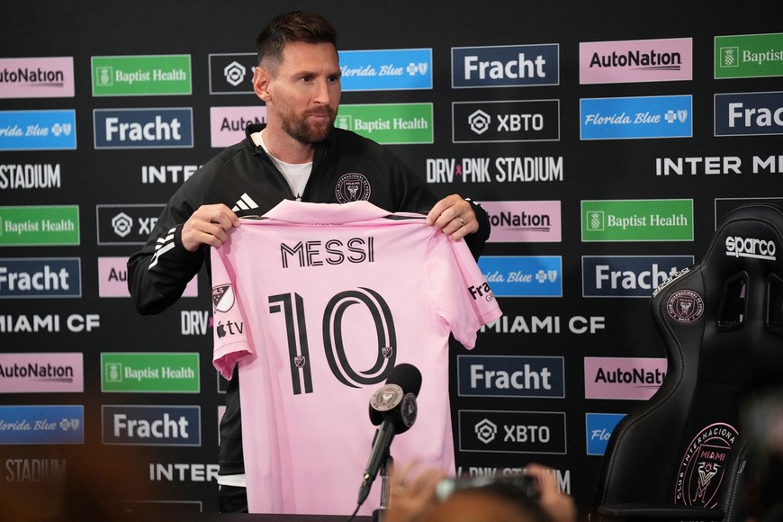 Aug 17, 2023; Ft. Lauderdale, FL, USA;  Lionel Messi of Inter Miami CF addresses the media at the DRV PNK Stadium Press Conference Room. Mandatory Credit: Jim Rassol-USA TODAY Sports