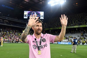 Aug 19, 2023; Nashville, TN, USA; Inter Miami CF forward Lionel Messi (10) waves after winning the Leagues Cup against Nashville SC at GEODIS Park. Mandatory Credit: Christopher Hanewinckel-USA TODAY Sports
