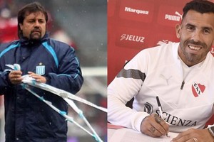Caruso Lombardi cuando dirigía a Racing y Carlos Tévez en su reciente firma como entrenador de Independiente.