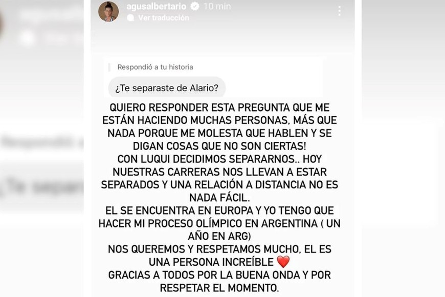 Historia de Instagram de Agustina Albertario donde comunicó la separación.