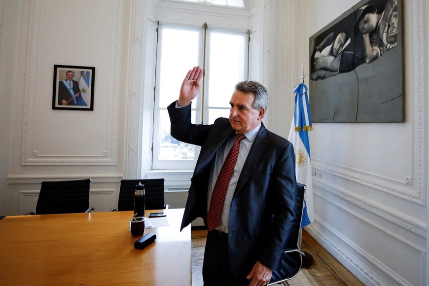 Argentina's Cabinet Chief and vice presidential pre-candidate Agustin Rossi gestures in his office after an interview with Reuters, at the Casa Rosada Presidential Palace, in Buenos Aires, Argentina July 21, 2023. REUTERS/Agustin Marcarian
