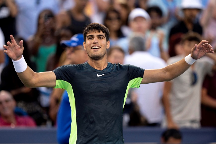 Aug 19, 2023; Mason, OH, USA;  Carlos Alcaraz, of Spain, greets the crowd after defeating Hubert Hurkacz, of Poland, during the semifinal of the Western & Southern Open at the Lindner Family Tennis Center. Mandatory Credit: Albert Cesare-USA TODAY Sports