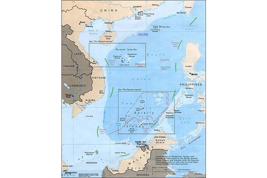 Las nueve líneas en color verde, delimitando el espacio reclamado por China. Crédito: U.S. Central Intelligence Agency