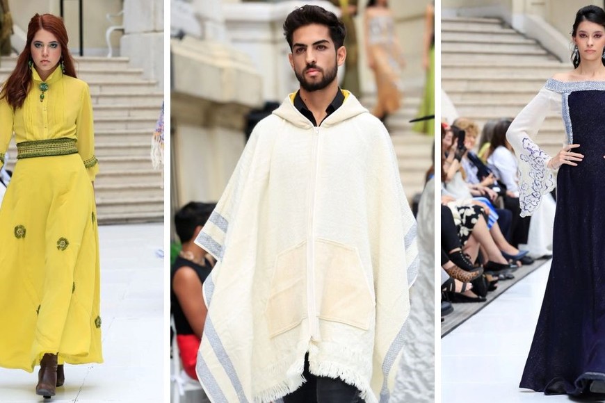 El diseñador subió a la pasarela los trabajos en telar de la artista textil Clara Luz Gil. Están desarrollados en fibra de llama y lana merino.