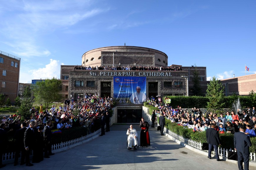 Pope Francis gestures on the day he meets with bishops, priests, missionaries, consecrated persons and pastoral workers at Saints Peter and Paul Cathedral, during his Apostolic Journey in Ulaanbaatar, Mongolia September 2, 2023.  Vatican Media/­Handout via REUTERS    ATTENTION EDITORS - THIS IMAGE WAS PROVIDED BY A THIRD PARTY.
