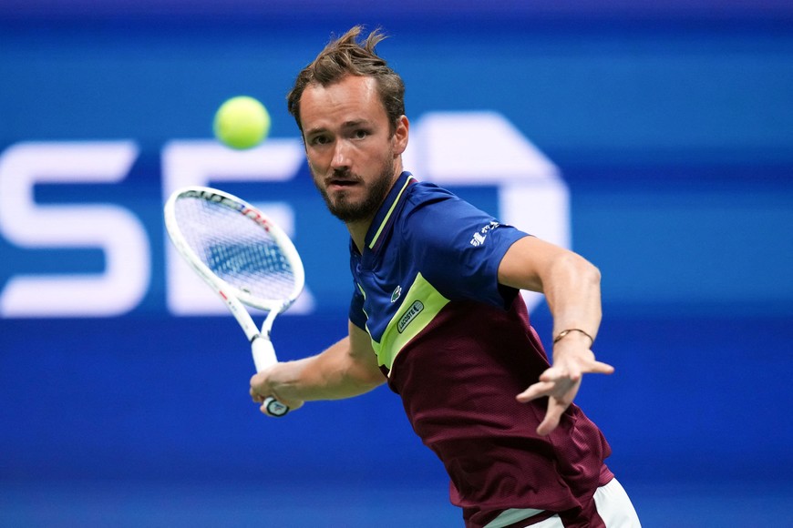 Sep 2, 2023; Flushing, NY, USA; Daniil Medvedev hits to Sebastian Baez of Argentina on day six of the 2023 U.S. Open tennis tournament at USTA Billie Jean King National Tennis Center. Mandatory Credit: Danielle Parhizkaran-USA TODAY Sports