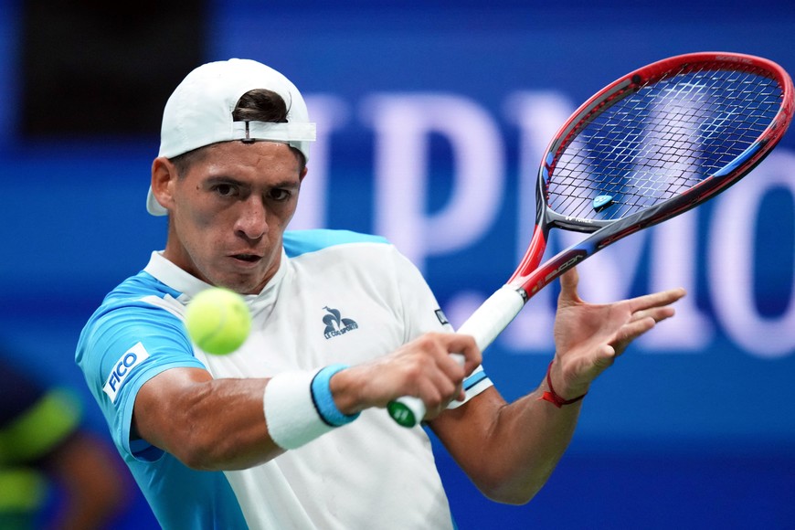 Sep 2, 2023; Flushing, NY, USA; Sebastian Baez of Argentina hits to Daniil Medvedev on day six of the 2023 U.S. Open tennis tournament at USTA Billie Jean King National Tennis Center. Mandatory Credit: Danielle Parhizkaran-USA TODAY Sports