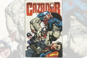 Tapa irresistible. El Cazador de Aventuras argentino derrota al Capitán América y a Superman, las súper estrellas del imperialismo yankee. No conforme con vencerlos: ¡Los rompe, los muerde y se los come!