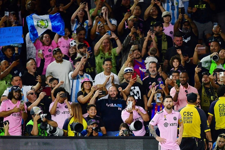 Sep 3, 2023; Los Angeles, California, USA; Spectators and photographers take pictures of Inter Miami forward Lionel Messi (10) during the second half at BMO Stadium. Mandatory Credit: Gary A. Vasquez-USA TODAY Sports     TPX IMAGES OF THE DAY