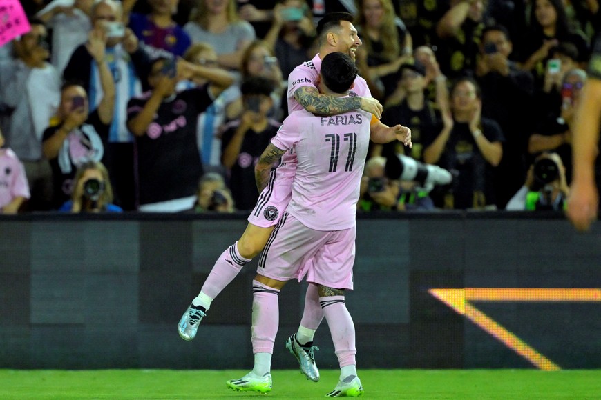 Sep 3, 2023; Los Angeles, California, USA; Inter Miami CF midfielder Facundo Farias (11) celebrates with forward Lionel Messi (10) after scoring a goal against the Los Angeles FC in the first half at BMO Stadium. Mandatory Credit: Jayne Kamin-Oncea-USA TODAY Sports