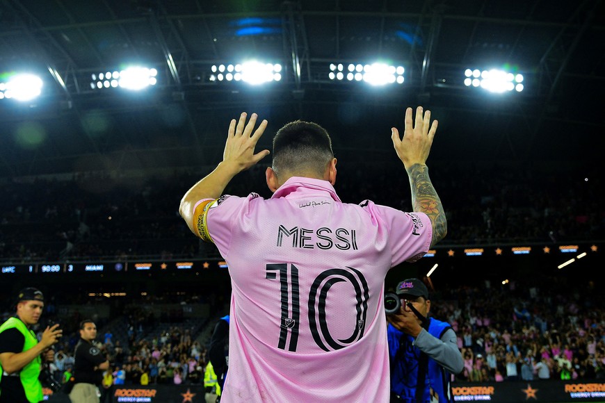 Sep 3, 2023; Los Angeles, California, USA; Inter Miami forward Lionel Messi (10) following the victory against Los Angeles FC at BMO Stadium. Mandatory Credit: Gary A. Vasquez-USA TODAY Sports