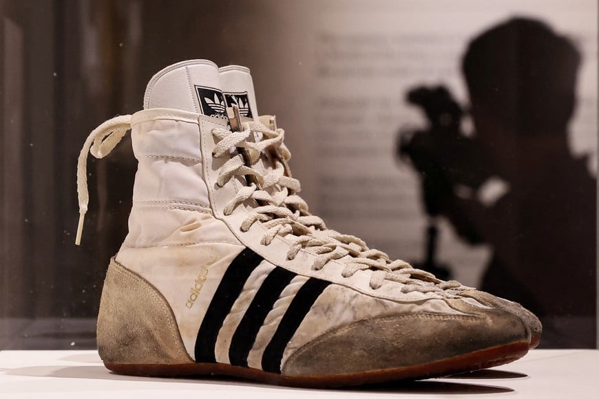 Adidas high top sneakers worn by Freddie Mercury are displayed as part of the 'Freddie Mercury: A World of His Own' press preview in New York, U.S., June 1, 2023.  REUTERS/Brendan McDermid