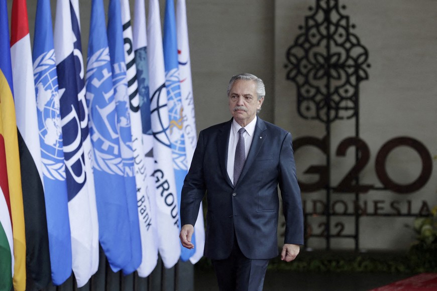 FILE PHOTO: Argentina's President Alberto Fernandez arrives for a G20 Leaders' Summit in Bali, Indonesia, 15 November 2022. Mast Irham/Pool via REUTERS/File Photo