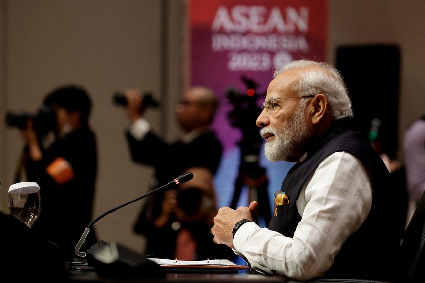 India's Prime Minister Narendra Modi delivers his remarks during a plenary session of the ASEAN-India Summit in Jakarta, Indonesia, September 7, 2023. REUTERS/Willy Kurniawan/Pool REFILE - CORRECTING TITLE FROM "PRESIDENT" TO "PRIME MINISTER"