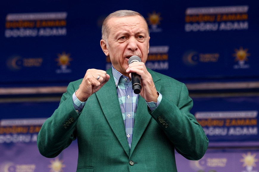 Turkish President Tayyip Erdogan addresses his supporters during a rally ahead of the May 14 presidential and parliamentary elections in Ankara, Turkey, May 11, 2023. REUTERS/Cagla Gurdogan