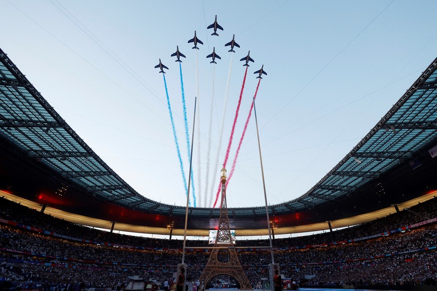Rugby Union - Rugby World Cup 2023 - Pool A - France v New Zealand - Stade de France, Saint-Denis, France - September 8, 2023
Patrouille de France are pictured flying over the stadium during the opening ceremony before the match REUTERS/Christian Hartmann