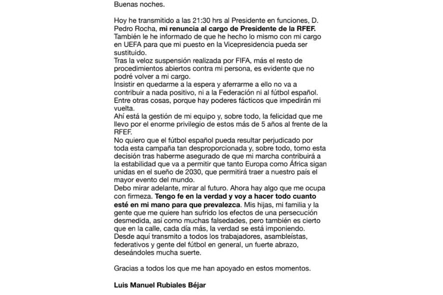 El comunicado de Luis Rubiales en Twitter.