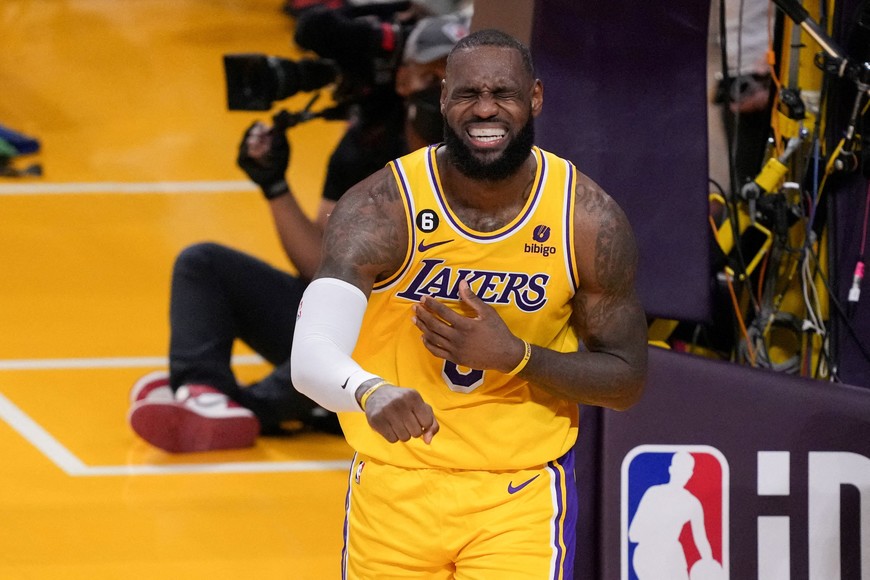 FILE PHOTO: May 22, 2023; Los Angeles, California, USA; Los Angeles Lakers forward LeBron James (6) during the fourth quarter of Game 4 of the Western Conference Finals of the 2023 NBA Playoffs against Denver at Crypto.com Arena react during the Nuggets game.Mandatory Credit: Kirby Lee-USA TODAY Sports/File Photo