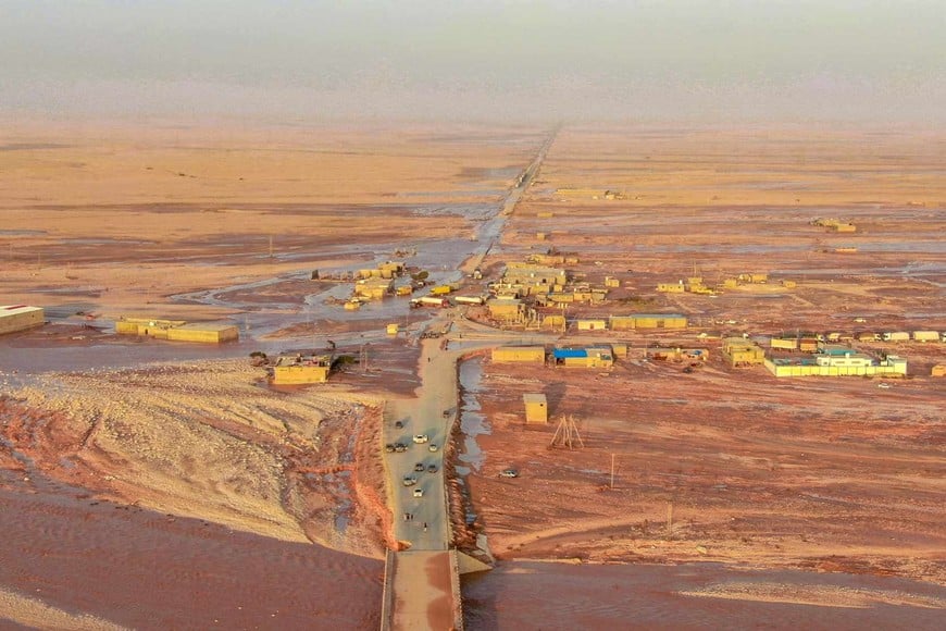 General view of flood water covering the area as a powerful storm and heavy rainfall hit Al-Mukhaili, Libya September 11, 2023, in this handout picture. Libya Al-Hadath/Handout via REUTERS    THIS IMAGE HAS BEEN SUPPLIED BY A THIRD PARTY