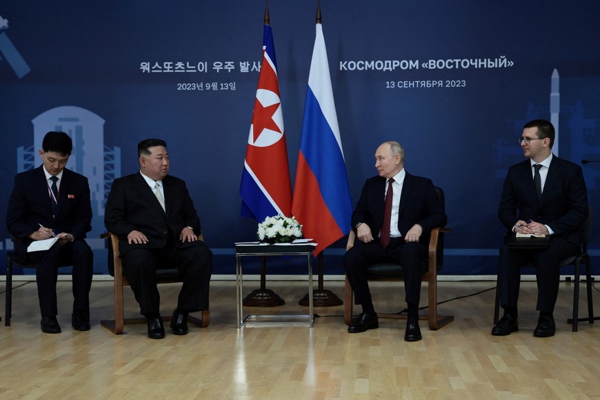 Russia's President Vladimir Putin meets with North Korea's leader Kim Jong Un at the Vostochny ?osmodrome in the far eastern Amur region, Russia, September 13, 2023. Sputnik/Vladimir Smirnov/Pool via REUTERS ATTENTION EDITORS - THIS IMAGE WAS PROVIDED BY A THIRD PARTY.