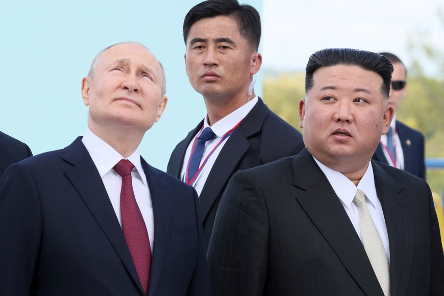 Russia's President Vladimir Putin and North Korea's leader Kim Jong Un visit the Vostochny ?osmodrome in the far eastern Amur region, Russia, September 13, 2023. Sputnik/Mikhail Metzel/Kremlin via REUTERS ATTENTION EDITORS - THIS IMAGE WAS PROVIDED BY A THIRD PARTY. THIS PICTURE WAS PROCESSED BY REUTERS TO ENHANCE QUALITY. AN UNPROCESSED VERSION HAS BEEN PROVIDED SEPARATELY.