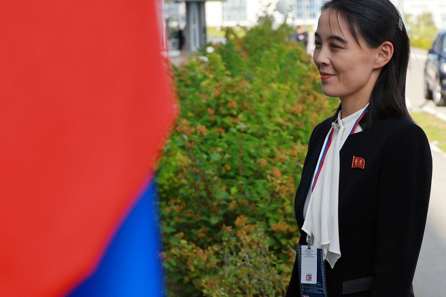 Kim Yo Jong, sister of North Korea's leader Kim Jong Un, arrives at the Vostochny ?osmodrome before a meeting of Russia's President Vladimir Putin with North Korea's leader Kim Jong Un, in the far eastern Amur region, Russia, September 13, 2023. Sputnik/Vladimir Smirnov/Pool via REUTERS ATTENTION EDITORS - THIS IMAGE WAS PROVIDED BY A THIRD PARTY. THIS PICTURE WAS PROCESSED BY REUTERS TO ENHANCE QUALITY. AN UNPROCESSED VERSION HAS BEEN PROVIDED SEPARATELY.