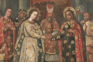En la ceremonia de "Los desposorios de la Virgen", las orlas, flores y arabescos de oro líquido resaltan las vestiduras de los contrayentes, del religioso que celebra la boda y de los partícipes de la escena. La preciosa sustancia también compone las aureolas de María y José. José G. Vittori / Museo Histórico Provincial.