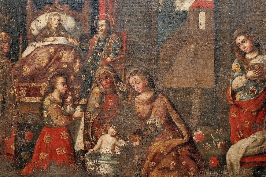 Lienzo de origen peruano que representa la "Natividad de la Virgen". Todas Las figuras presentan vestiduras "brocateadas" con oro. La Virgen Niña, en primer plano al centro de la composición, y sus padres, Santa Ana y San Joaquín, en segundo plano, tienen aureolas doradas. A su lado, una ventana abre un punto de fuga hacia el exterior del edificio. José G. Vittori / Museo Histórico Provincial.
