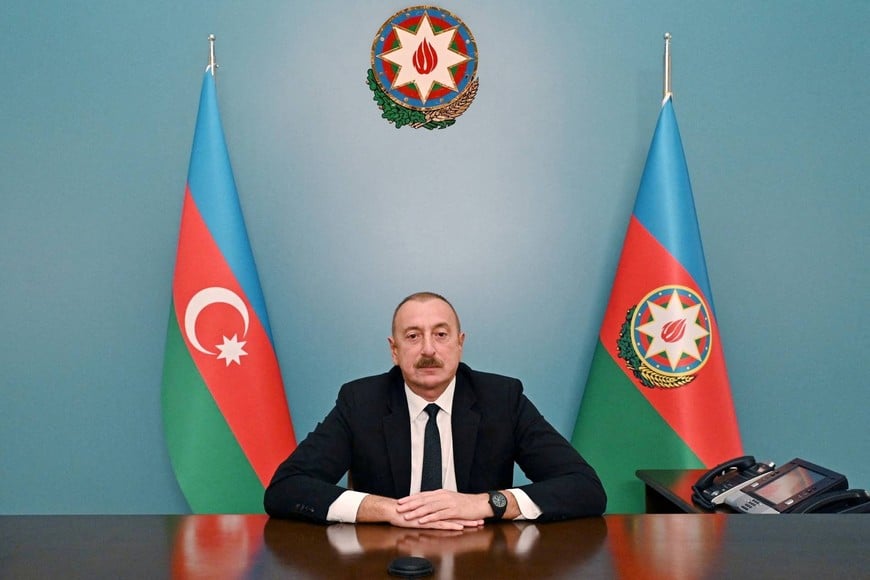Azerbaijani President Ilham Aliyev delivers a televised address to the nation in Baku, Azerbaijan, September 20, 2023. Press Service of the President of Azerbaijan Ilham Aliyev/Handout via REUTERS ATTENTION EDITORS - THIS IMAGE WAS PROVIDED BY A THIRD PARTY. NO RESALES. NO ARCHIVES. MANDATORY CREDIT.?
