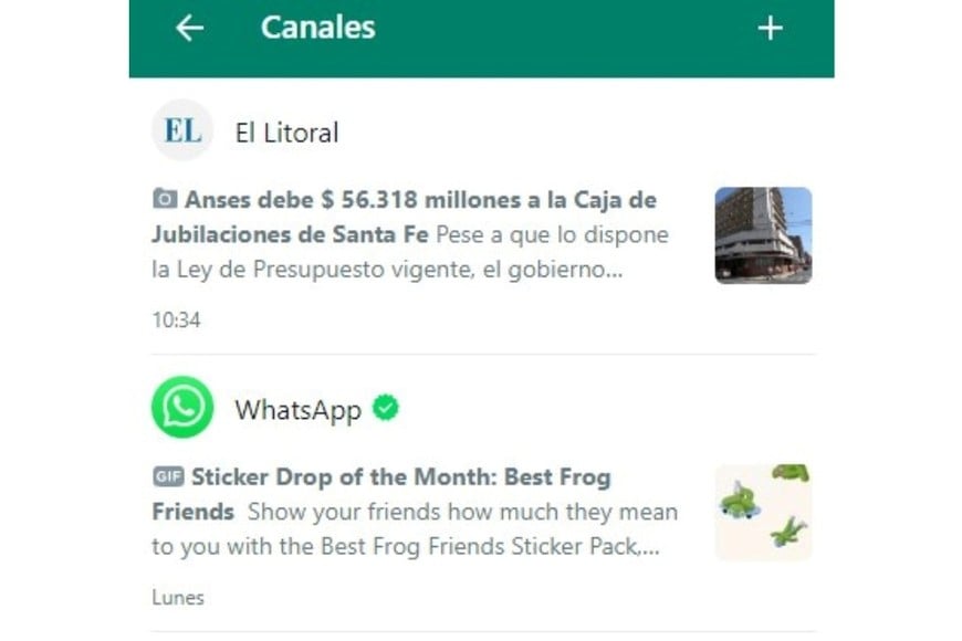 Así se ven los canales de El Litoral y WhatsApp  en la versión web de la app.