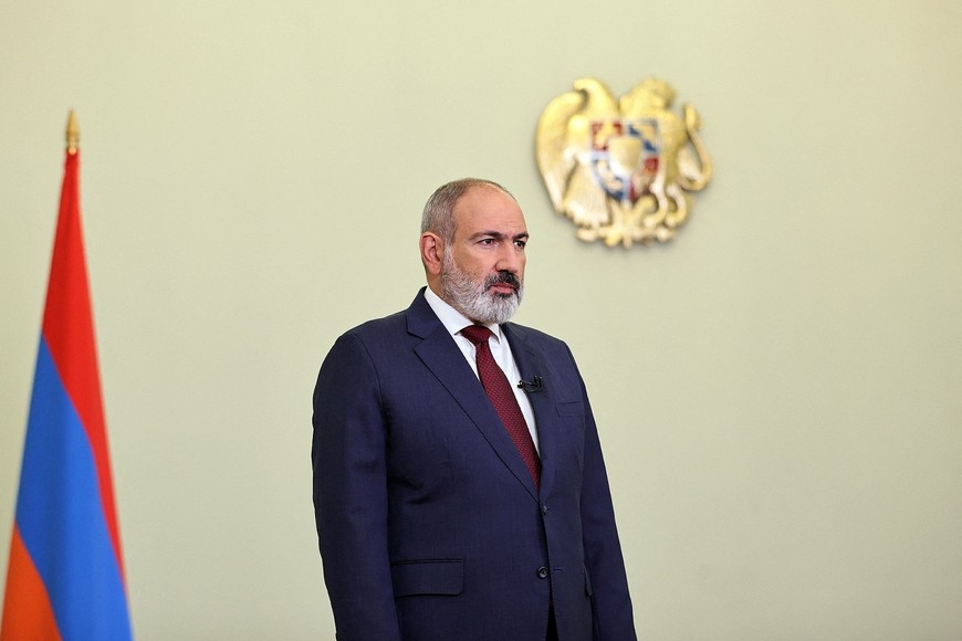 Armenian Prime Minister Nikol Pashinyan gives a televised address to citizens on the national independence day, in Yerevan, Armenia, in this picture released September 21, 2023. The Office to the Prime Minister of the Republic of Armenia/Handout via REUTERS ATTENTION EDITORS - THIS IMAGE WAS PROVIDED BY A THIRD PARTY. NO RESALES. NO ARCHIVES. MANDATORY CREDIT.