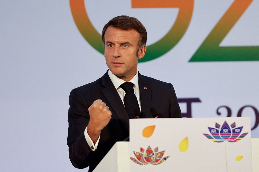 FILE PHOTO: French President Emmanuel Macron attends a press conference, on the second day of the G20 summit in New Delhi, India, September 10, 2023. REUTERS/Amit Dave/File Photo