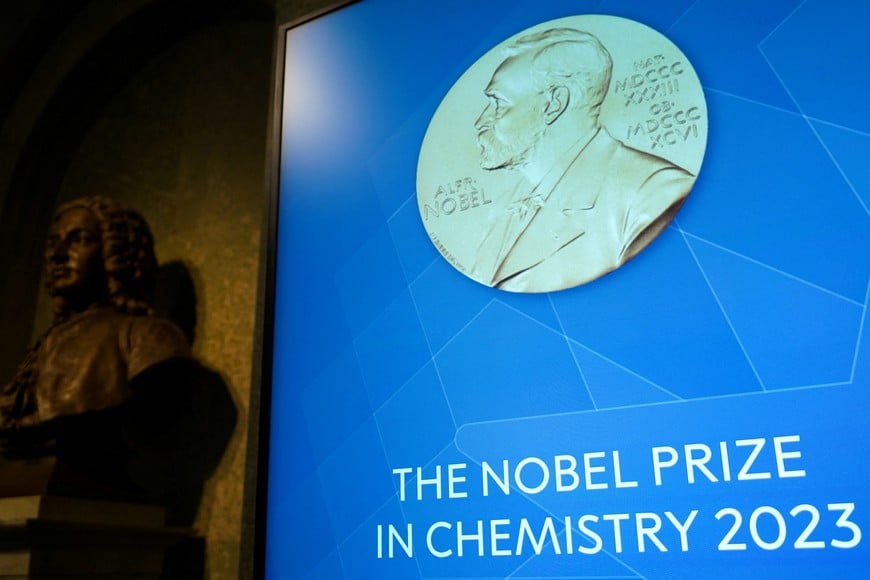 A view of a screen inside the Royal Swedish Academy of Sciences, where the Nobel Prize in Chemistry is announced, in Stockholm, Sweden, October 4, 2023. REUTERS/Tom Little
