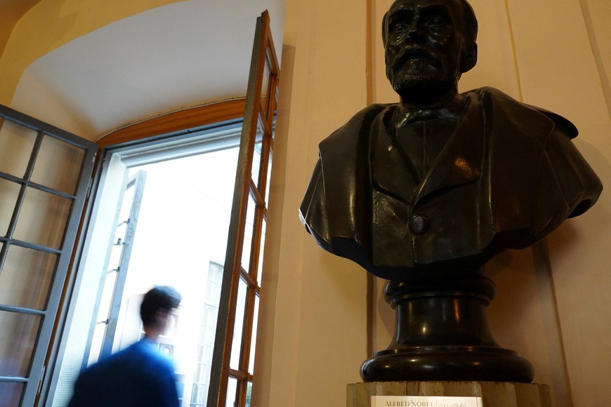 A view of a bust of Alfred Nobel in the Swedish Academy, where the Nobel Prize in literature will be announced, in Stockholm, Sweden, October 5, 2023. REUTERS/Tom Little