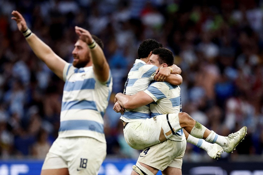 Rugby Union - Rugby World Cup 2023 - Quarter Final - Wales v Argentina - Orange Velodrome, Marseille, France - October 14, 2023 
Argentina's Guido Petti celebrates with a teammate after the match REUTERS/Benoit Tessier     TPX IMAGES OF THE DAY