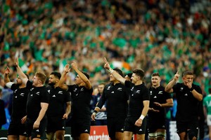 Rugby Union - Rugby World Cup 2023 - Quarter Final - Ireland v New Zealand - Stade de France, Saint-Denis, France - October 14, 2023
New Zealand players celebrate after the match REUTERS/Sarah Meyssonnier
