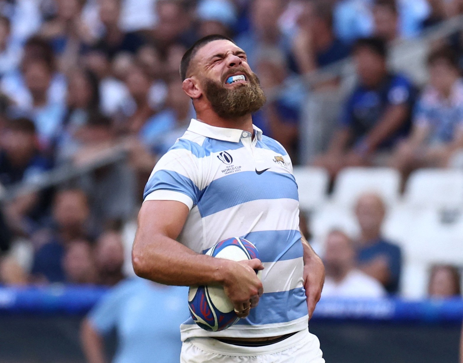 
El argentino Marcos Kremer reacciona. Copa Mundial de Rugby 2023 - Cuartos de final. Gales contra Argentina. Velódromo Orange, Marsella, Francia.