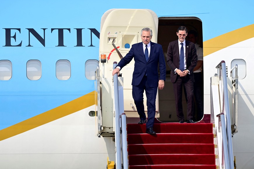 Argentine President Alberto Fernandez, arrives at Beijing Capital International Airport to attend the Third Belt and Road Forum in Beijing, China, October 17, 2023. Parker Song/Pool via REUTERS