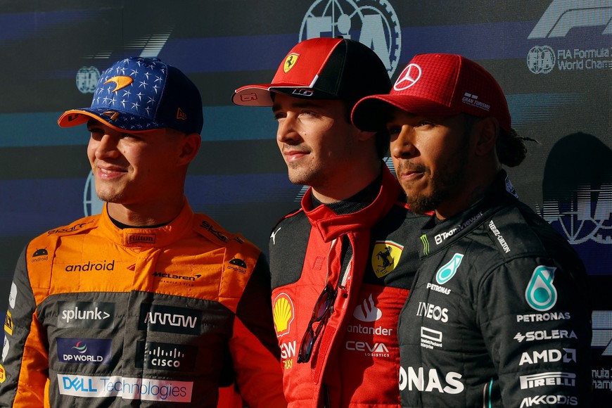 Formula One F1 - United States Grand Prix - Circuit of the Americas, Austin, Texas, U.S. - October 20, 2023
Ferrari's Charles Leclerc poses for a picture after qualifying in pole position alongside second qualified McLaren's Lando Norris and third qualified Mercedes' Lewis Hamilton REUTERS/Brian Snyder