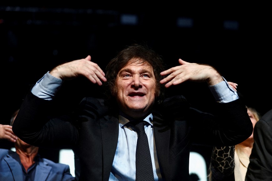 FILE PHOTO: Argentine presidential candidate Javier Milei of La Libertad Avanza party reacts during the closing event of his electoral campaign ahead of the presidential election, in Buenos Aires, Argentina, October 18, 2023. REUTERS/Matias Baglietto/File Photo