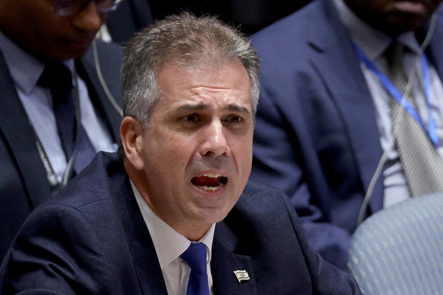 Israel's Foreign Affairs Minister Eli Cohen speaks during a meeting of the Security Council on the conflict between Israel and the Palestinian Islamist group Hamas at U.N. headquarters in New York, U.S., October 24, 2023. REUTERS/Shannon Stapleton