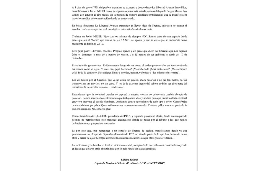 El comunicado de Liliana Salinas.