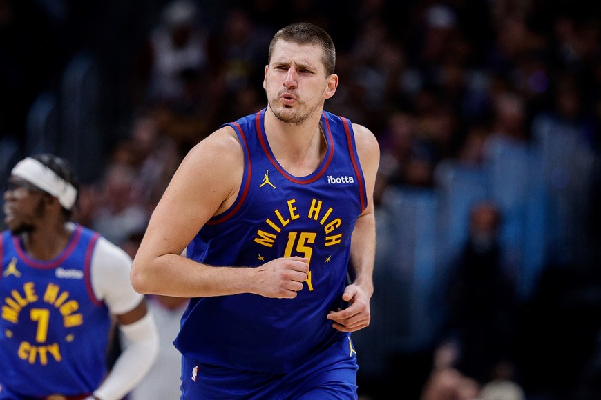 Oct 24, 2023; Denver, Colorado, USA; Denver Nuggets center Nikola Jokic (15) reacts after a play in the fourth quarter against the Los Angeles Lakers at Ball Arena. Mandatory Credit: Isaiah J. Downing-USA TODAY Sports