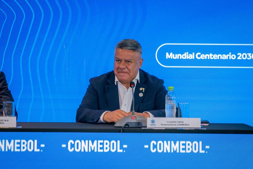 Conmebol Vice President Claudio Tapia attends a news conference, in Luque, Paraguay, in this handout picture distributed to Reuters on October 4, 2023. Conmebol/Handout via REUTERS THIS IMAGE HAS BEEN SUPPLIED BY A THIRD PARTY. NO RESALES. NO ARCHIVES.