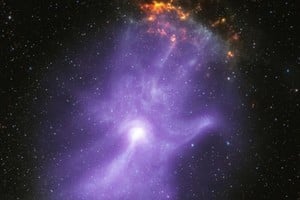 Los datos del Observatorio de rayos X Chandra de la NASA y el IXPE contribuyeron a esta imagen compuesta de una nebulosa que se asemeja a una mano brillante. Crédito: NASA/CXC/Stanford Univ./R. Romani et al.