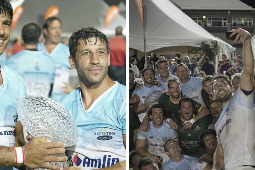 En la imagen de la izquierda, el otro santafesino que alguna vez fue parte de Argentina Legends: Nicolás Bruzzone (junto a Mauro Comuzzi y la Copa ganada en 2018). Crédito: https://rugby.com.ar/