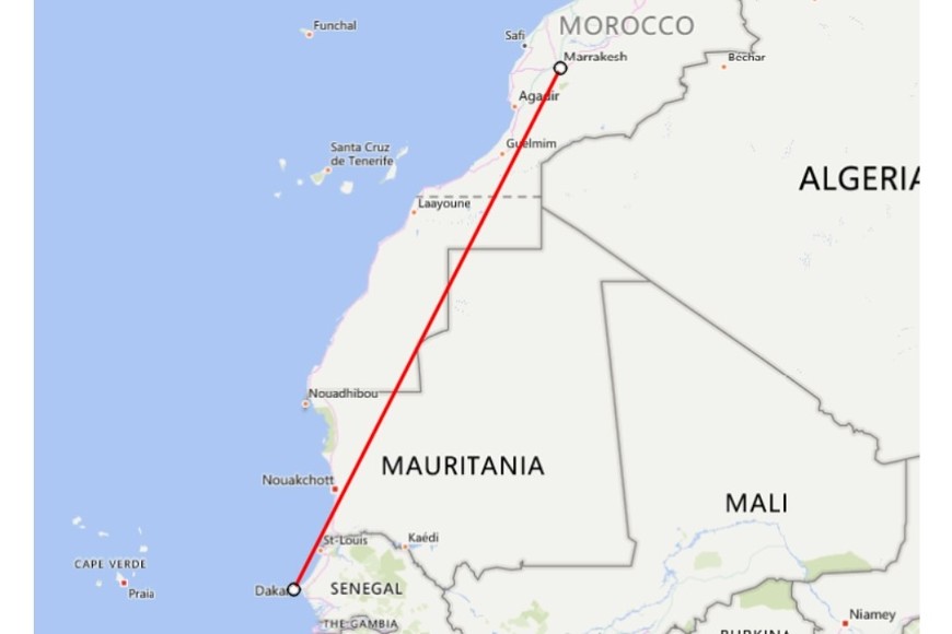 Distancia neta que separa Marrakech de Dakar.